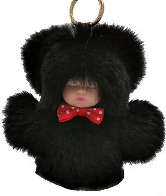 

DALUCI Cute Sleeping Baby Doll 13cm Real Rabbit Fur Keychain Fluffy Pom Pom Keyring Bag Car For Women Key Chain