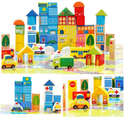 

Sanyal 62 Pcs Wooden Hundred Changes Municipal Transportation City Building Blocks, Multi-color(Multicolor)