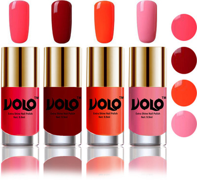 

Volo HD Colors High-Shine Long Lasting Non Toxic Professional Nail Polish Set of 4 Carrot Red, Red, Coral, Light Pink(Pack of 4)