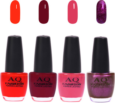 

AQ Fashion Funky Vibrant Range of Colors Nail polish Orange,Signature Wine,Desert Pink,Bliss Purple(Pack of 4)