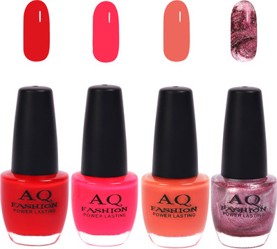 

AQ Fashion Funky Vibrant Range of Colors Nail polish Bright Red,Hot Pink,Peach,Shimmer Purple(Pack of 4)