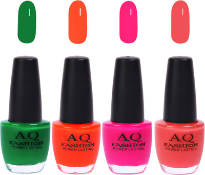 

AQ Fashion Funky Vibrant Range of Colors Nail polish Leaf Green,Neon Orange,Neon Mazanta,Matty Pink(Pack of 4)