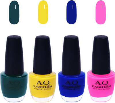 

AQ Fashion Funky Vibrant Range of Colors Nail polish Deep Green,Yellow,Blue,Rani Pink(Pack of 4)