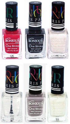 

Bonjour Paris Candy Color Long Lasting Nail paint For Teen Girls Women Nail Polish set A 223 Pink-Black-White-Top coat-Light Gray-White(Pack of 6)