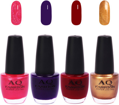 

AQ Fashion Funky Vibrant Range of Colors Nail polish Shimmer Pink,Mulberry Purple,Redish Maroon,Golden(Pack of 4)