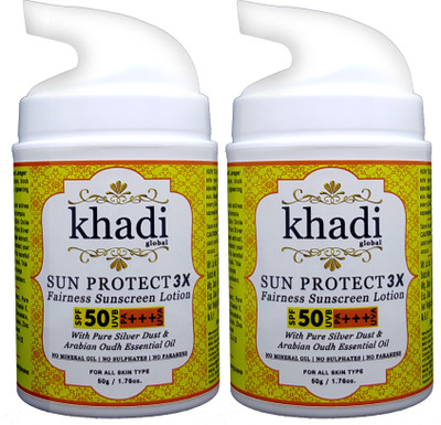 

Khadi Global Sun Protect 3X Fairness SPF 50+ UVB & PA+++ UVA Sunscreen Lotion With Pure Silver Dust & Pure Arabian Oudh Essential Oil 100gm. - SPF 50 PA+++(100 g)