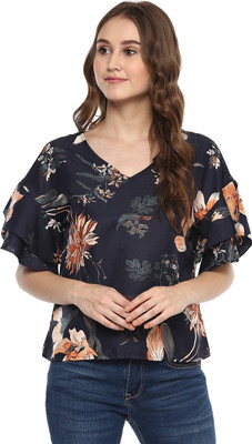 HARPA Casual Bell Sleeve Floral Print Women Black Top