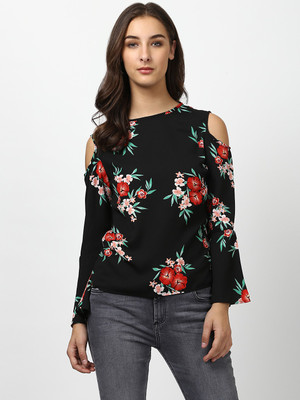 HARPA Casual Full Sleeve Floral Print Women Black Top