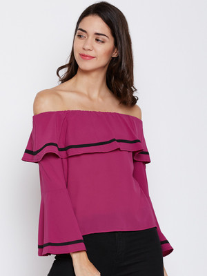 HARPA Casual Bell Sleeve Solid Women Purple Top