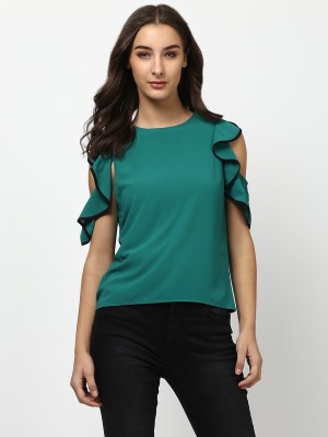 HARPA Casual Half Sleeve Solid Women Green Top