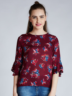 HARPA Casual 3/4 Sleeve Floral Print Women Maroon Top