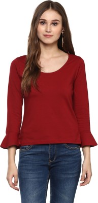 HARPA Casual Bell Sleeve Solid Women Maroon Top