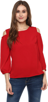 HARPA Casual 3/4 Sleeve Solid Women Red Top