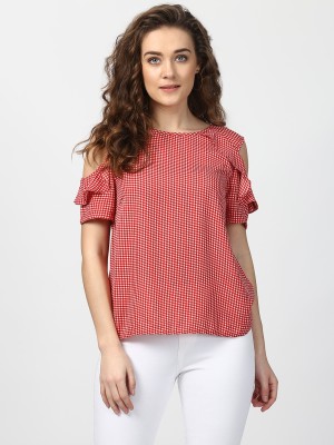 HARPA Casual Half Sleeve Checkered Women Red Top