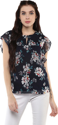 HARPA Casual Cap Sleeve Floral Print Women Blue Top