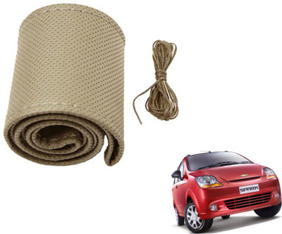 MOCKHE Hand Stiched Steering Cover For Chevrolet Spark(Beige, Leatherite)