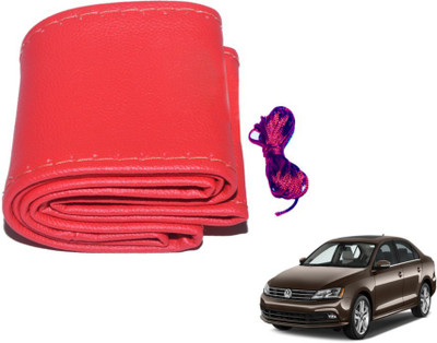 MOCKHE Hand Stiched Steering Cover For Volkswagen Jetta(Red, Leatherite)