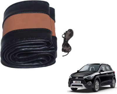 MOCKHE Hand Stiched Steering Cover For Hyundai i20(Black, Tan, Leatherite)