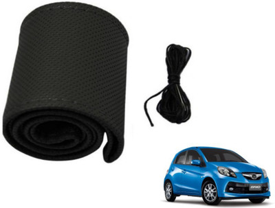 MOCKHE Hand Stiched Steering Cover For Honda Brio(Black, Leatherite)