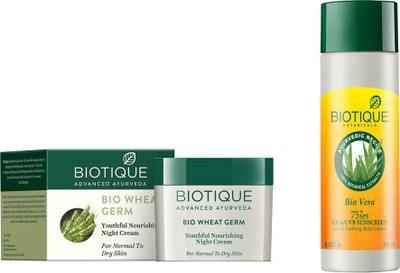 

BIOTIQUE BIO Bio Wheat Germ Youthful Nourishing Night Cream, Bio Vera 75+ Spf Sunscreen Ultra Soothing Body Lotion(Set of 2)