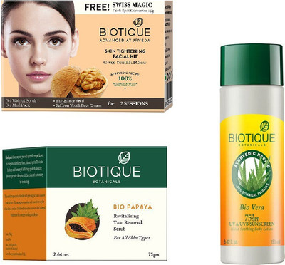 

BIOTIQUE BIO Skin Tightening Facial Kit, Bio Papaya Revitalizing Tan Removal Scrub, Bio Vera 75+ Spf Sunscreen Ultra Soothing Body Lotion(Set of 3)