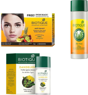 

BIOTIQUE BIO Bio Anti Tan Facial Kit, Bio Dandelion Ageless Lightening Serum, Bio Vera 75+ Spf Sunscreen Ultra Soothing Body Lotion(Set of 3)