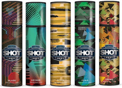 

Layer'r Shot Maxx Blaze,Voyage,Flick,Flair,Trend Body Spray - For Men(125 ml, Pack of 5)