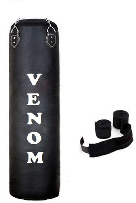 

Venom 2.0 Feet Long, PU, Black Color, Unfilled with Hanging Chain and 9 Freet Long Black Color Hand Wrap Pair Boxing Kit