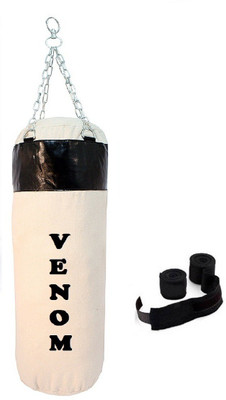 

Venom 7.5 Feet Long, CANVAS Material, White and Black Color, Unfilled with Hanging Chain and 9 Freet Long Black Color Hand Wrap Pair Boxing Kit