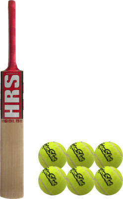 HRS Basics Cricket Set - Gold Kashmir Willow Cricket Bat (Size 6) And Pack Of 6 Supershot Cricket Tennis Ball Cricket Kit