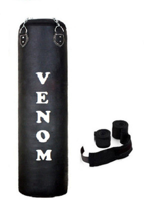 

Venom 5.0 Feet Long, PU, Black Color, Unfilled with Hanging Chain and 9 Freet Long Black Color Hand Wrap Pair Boxing Kit