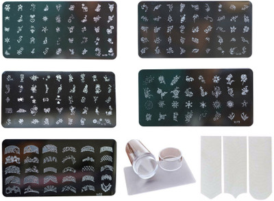 

Lifestyle-You Nail Stamping Kit with 5 Rectangular Image plates, Silicone Stamper & Scraper and Nail Tip guide sheet.(Multi)