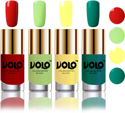 

Volo HD Colors High-Shine Long Lasting Non Toxic Professional Nail Polish Set of 4 Reddish Orange, Parrot Green, Yellow, Radium Green(Pack of 4)