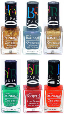 

Bonjour Paris Candy Color Long Lasting Nail paint For Teen Girls Women Nail Polish set A 346 Golden-Sky Blue-Golden-Green-Red-Neon Orange(Pack of 6)