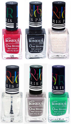 

Bonjour Paris Candy Color Long Lasting Nail paint For Teen Girls Women Nail Polish set A 227 Pink-Black-White-Top coat-Light Gray-Green(Pack of 6)