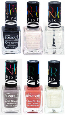 

Bonjour Paris Candy Color Long Lasting Nail paint For Teen Girls Women Nail Polish set A 238 Black-White-Top coat-Light Gray-Nude-White(Pack of 6)