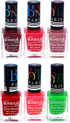 

Bonjour Paris Candy Color Long Lasting Nail paint For Teen Girls Women Nail Polish set A 74 Dark Red-Pink-Mauve-Red-Pink-Neon Green(Pack of 6)