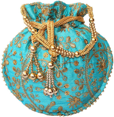 

Bagaholics Ethnic Clutch Silk Potli Batwa Pouch Bag with Metal Beadwork Gift For Women Potli(Blue)