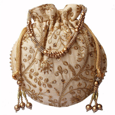 

Bagaholics Ethnic Clutch Silk Potli Batwa Pouch Bag with Metal Beadwork Gift For Women Potli(Gold)