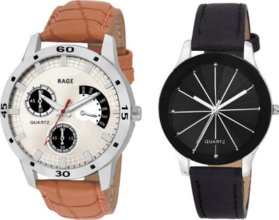 

Rage Enterprise New Designer Brown and Black Leather Strap Stylish Dial Couple Watch - For Men & Women