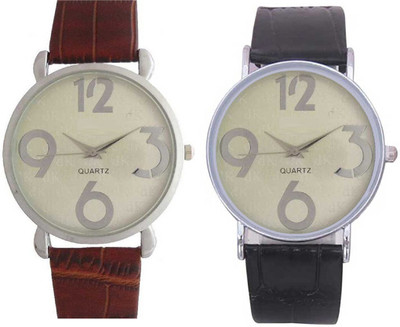 

Rage Enterprise New Fancy Round Designer Dial Stylish Black & Brown Leather Belt set of 2 Boys Watch - For Men & Women