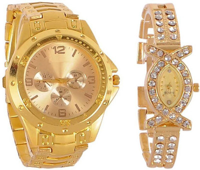 

Varni Retail Stylish Full Gold Men And AKS Golden Diamond Women Couple Combo Watch For Couple Watch - For Couple