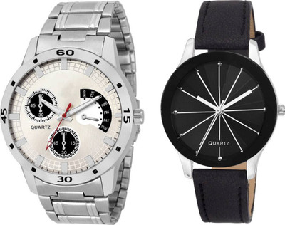 

Rage Enterprise New Stylish Silver Steel Belt Black Leather Strap Fancy Dial Couple Watch - For Men & Women