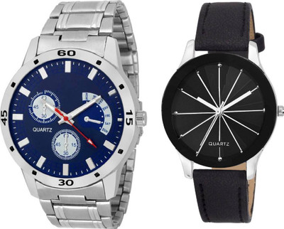 

Rage Enterprise New Stylish Silver Steel Belt and Black Leather Strap Fancy Designer Dial Couple Watch - For Men & Women