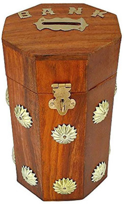 

OnlinePurchas Octagonal Double Flower Line Design With Red Finishing Coin bank Coin Bank(Brown)
