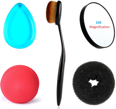 

Kelley Foundation Powder Concealer Oval Blending Brush, Round Beauty Blender, Silicone Translucent Blue Anti-Sponge Makeup Applicator, 10x Magnification Hand Size Compact makeup mirror with suction cups, Lady Styling Bun Maker Medium Size Extreme Hair Vol