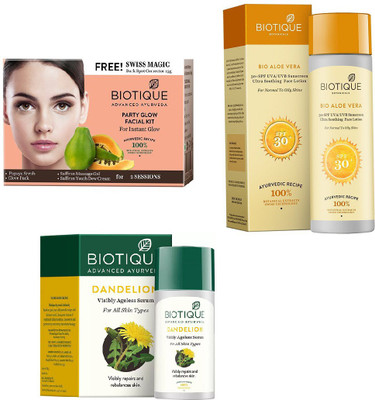 

BIOTIQUE BIO Bio Party Glow Facial Kit, Bio Dandelion Ageless Lightening Serum, Bio Aloe Vera Ultra Soothing Face Lotion SPF 30 UVA/UVB Sunscreen(Set of 3)