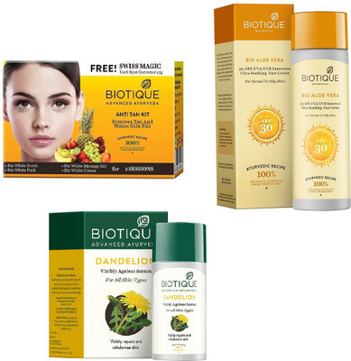 

BIOTIQUE BIO Bio Anti Tan Facial Kit, Bio Dandelion Ageless Lightening Serum, Bio Aloe Vera Ultra Soothing Face Lotion SPF 30 UVA/UVB Sunscreen(Set of 3)