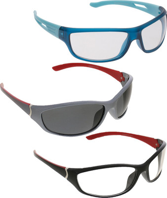 

Vast Combo Of 3 All Day And Night Vision Biking , Driving Sports Goggles(Blue, Black, Silver), Black red clear;silver red grey;transperent blue