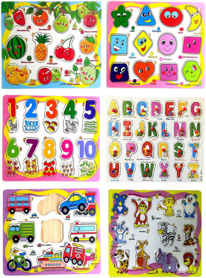

Wishkey Wooden Educational Colorful Fruits,Numbers,Geometric Shapes,Animals,Vehicles,Alphabet Set of 6 Puzzle board(Multicolor)